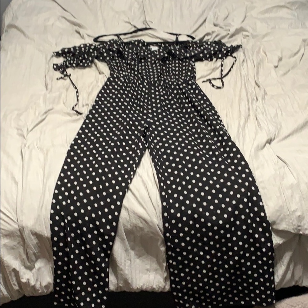 Black and white polka dot jump suite